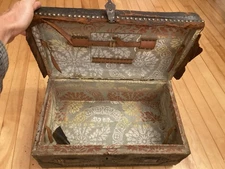 Antique Early 19th c primitive American Black Leather Covered Trunk Chest Box