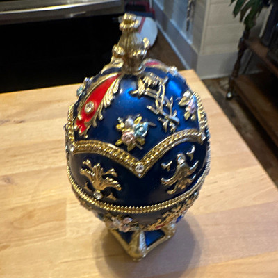 Blue & Gold Egg Trinket Box Hinged Jeweled Metal Enamel with Stand