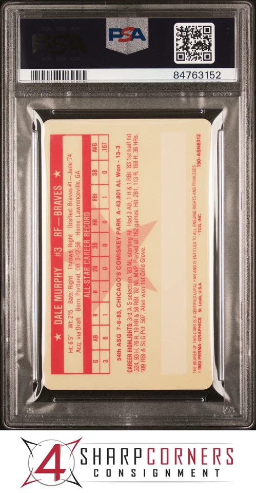 1983 PERMA-GRAPHICS ALL-STAR CREDIT CARDS GOLD DALE MURPHY PSA 9 - Image 2 of 3