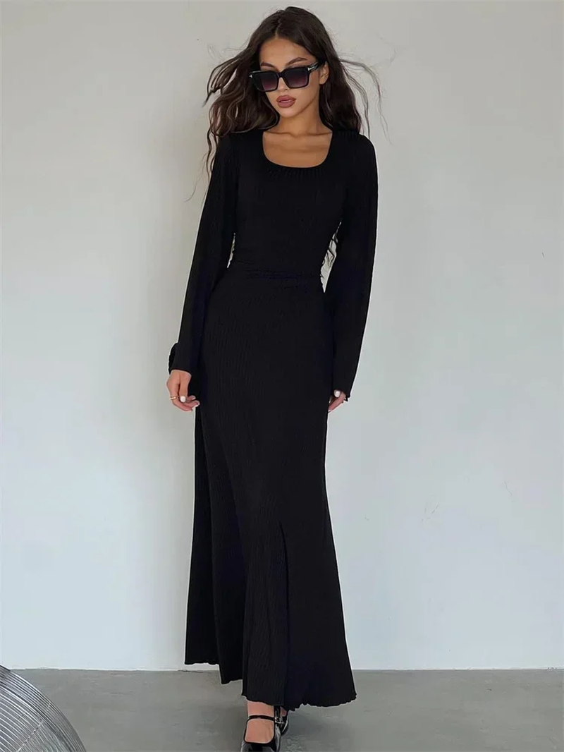 S M L Scoop Neck Lace-Up Ribbed Maxi Dress Long Sleeved Slim Loose Fashion  Wear | eBay