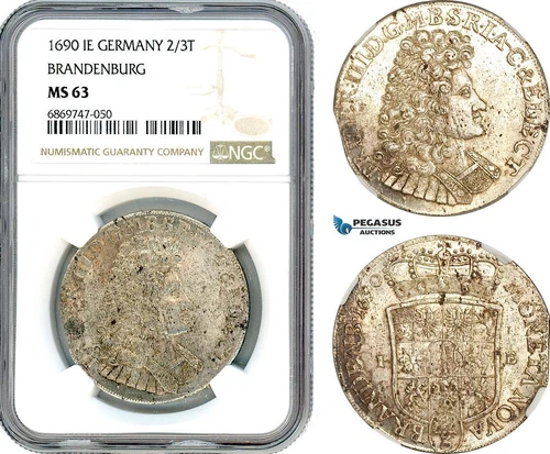 AJ109, Germany, Brandenburg, Frederick III, 2/3 Taler 1690 IE, Silver, NGC MS63