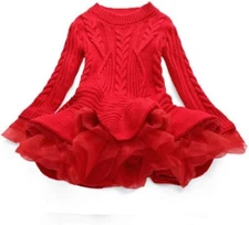 Autumn and Winter Girls' Long-Sleeved Organza Sweater Princess Dress 10876