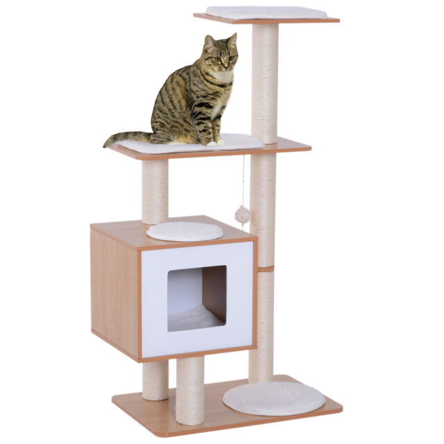 PawHut Wood Cat Tree Tower Scratching Post Kitten Activity Centre w/ Cushion