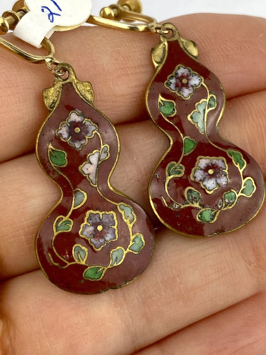 Vintage Cloisonn Earrings Red Enamel Flower Screw Back Dangle