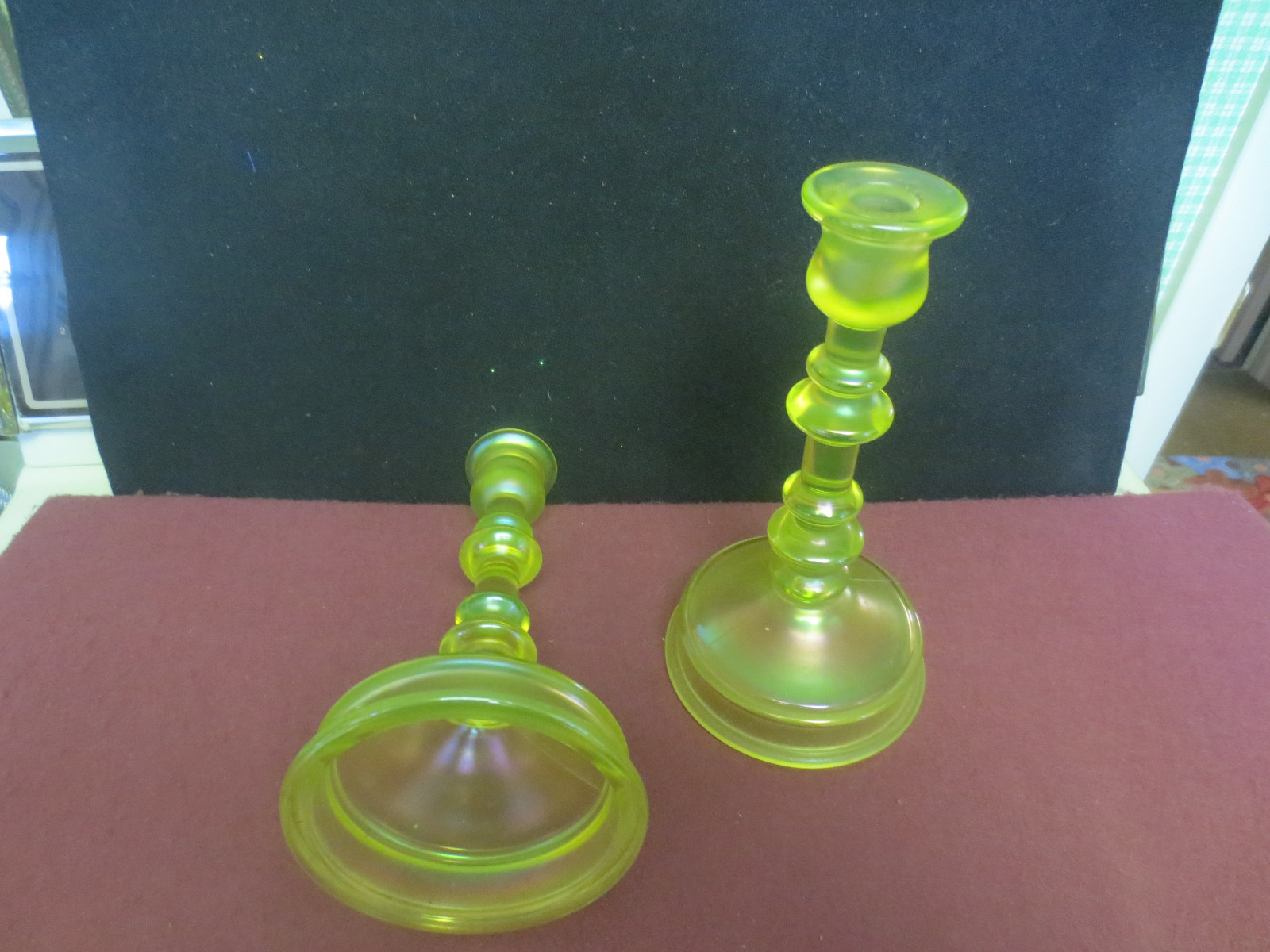 SCARCE NORTHWOOD CANARY YELLOW VASELINE GLASS CANDLESTICKS 5 RING SPINDLE NICE eBay