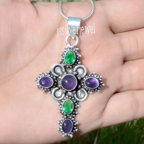 Pendentif Croix En Argent 925 Avec Améthyste Naturelle - Bijou Moderne, Cadeau Amour/religion