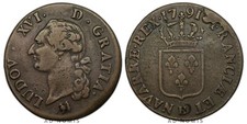 Frankreich Sol &agrave; l'&eacute;cu 1791 B Rouen Louis XVI XF+ Kupfer K&ouml;nigliche M&uuml;nze M&uuml;nze