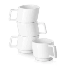 White Expresso Cups Modern Stylish Set of 4 Ceramic Stackable for Hot Beverage