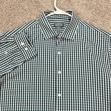 Kenneth Cole Reaction Mens Slim Fit Green White Check Long Sleeve Shirt 16.5 34