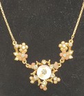 Vintage Gold Mother Of Pearl Rhinestone Necklace Coral Pink Flowers Faux Pearls — photo 1