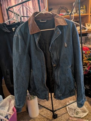ZARA Men's Blue Denim Jacket Brown Collar Button Front Lined Regular Fit M