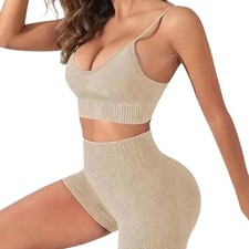 2 Piece Activewear Set Bra Top and Shorts in Beige, Size L
