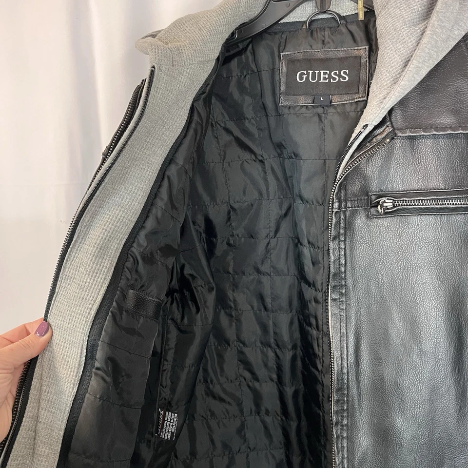 Chaqueta de moto GUESS grande de cuero sintético negro con capucha gris capucha extraíble Foto 4 de 4