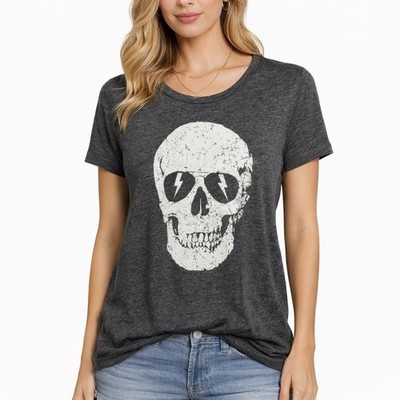 Chaser lightning skull T-Shirt womens size medium dark gray short sleeve