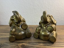 Vintage Brass Sitting Elephant Bookends Trunk...