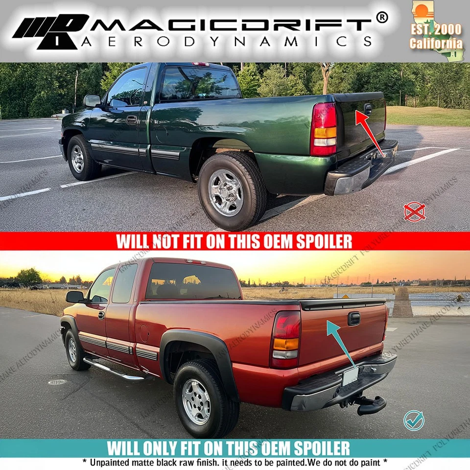 MDA Style Tailgate Spoiler Wing Cap Cover For 99-06 Chevy Silverado Sierra 3PC Foto 3 de 4