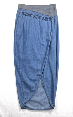 Vintage Robert Comstock Women's Wrap Skirt 8 Blue Embroidered Aztec Leather Trim