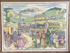 Grande affiche scolaire 1950 1er chemin de fer Paris St Germain +Révolution 1830