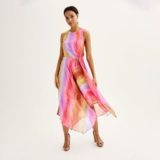 NWT Nine West Asymmetrical Women's Cinched Waist Chiffon Dress Multicolored Sz M