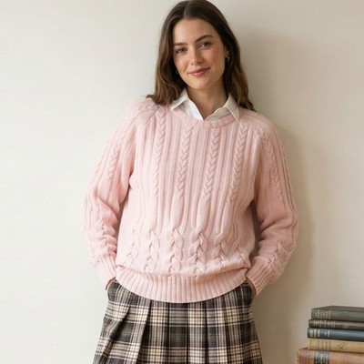 Vintage Alan Austin Cashmere Cable Knit Sweater Womens Medium Light Pink Knit