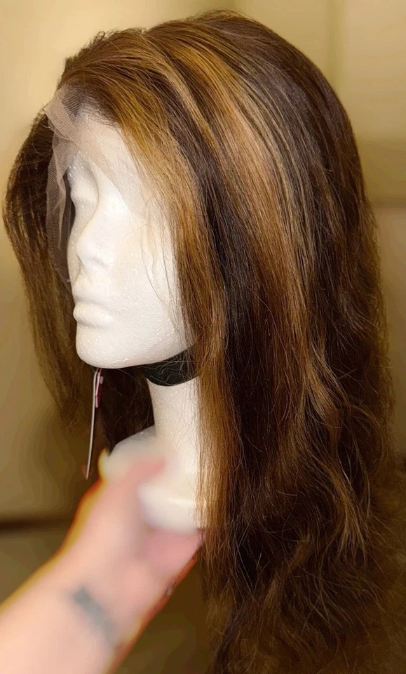 Lindo, 24 polegadas, preto com destaques marrons, estilo onda corporal, peruca 100% cabelo humano - Imagem 4 de 4