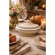 Oxford Ivory Covered Tureen Serving Dish Blue Floral Gold Rim Vintage