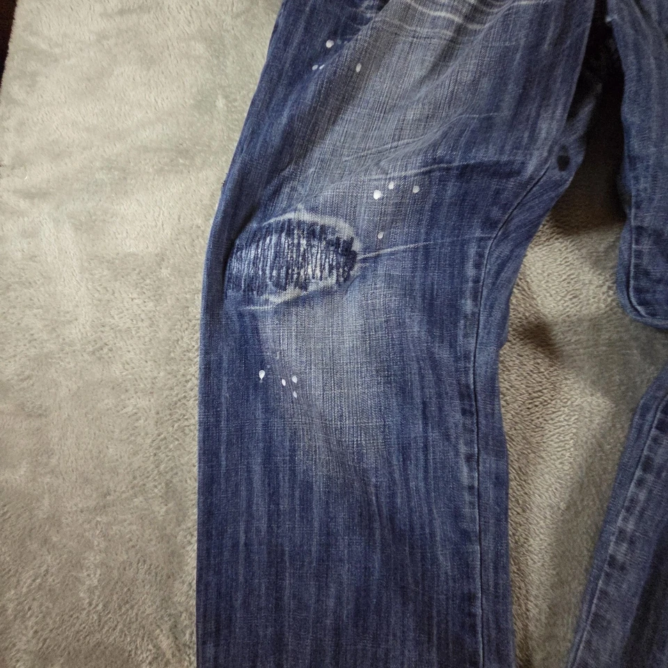 AKOO Brand Jeans Mens 42 Blue Distressed Ripped Paint Splatter Denim Streetwear - Image 3 of 4