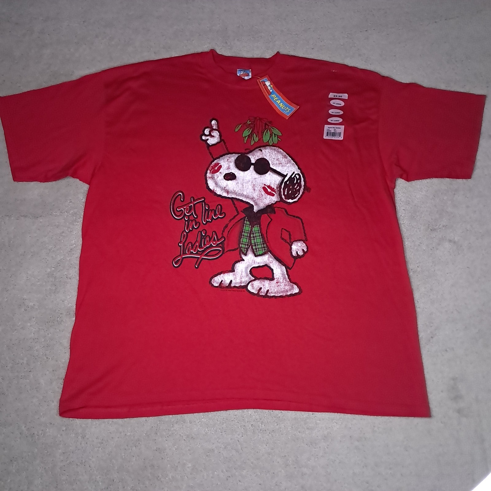 Vintage Y2K Snoopy Peanuts T-shirt Mens 3XL Red ''Get In Line Ladies'' Christmas