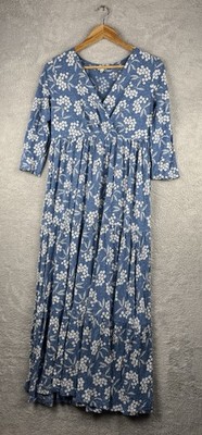 Seasalt Cornwall Smock Sky Branch Dress UK 8 Blue Floral Organic Cotton Midi