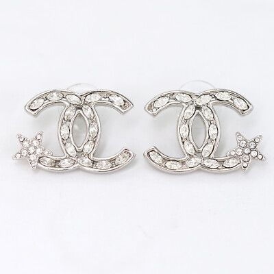 ✨極美品✨CHANEL耳环 CC logo CHANEL CC Logos Turnlock Rhinestone Stud Earrings Silver