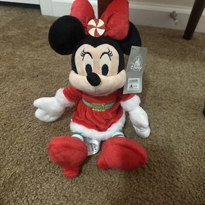 Disney Parks 2020 Christmas Santa Minnie Mouse Plush Holiday Peppermint Bow