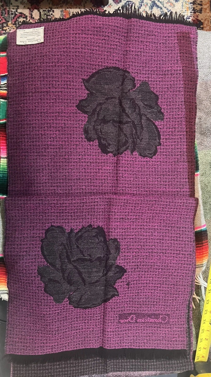 ✨ Grande écharpe violette vintage Christian Dior écharpes 100% laine franges fleur