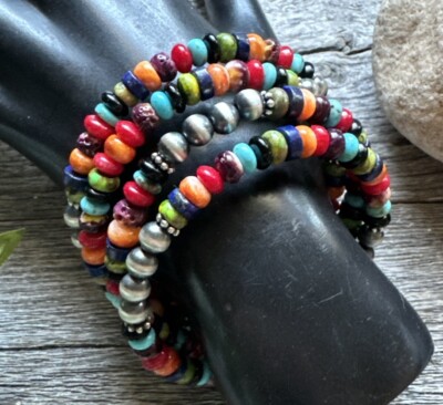 Southwestern 925 Sterling Silver Multi Stone Pearls Wrap Spiral Bead Bracelet