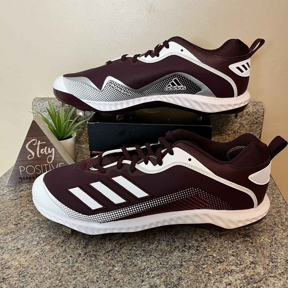 Adidas Icon 6 Bounce Metal Baseball Cleats Men\'s Size‎ 14 Maroon White [FV9351] Adidas Icon 6 Bounce Maroon/White Metal Baseball Cleats  main image 4