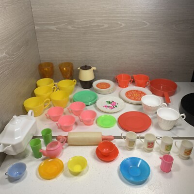Vintage Pretend Play Food Dishes Utensil Set for Kids Make Believe Lot
