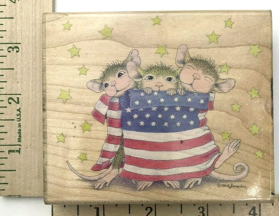 Casa Ratón Madera Goma Sello Envoltura Patriótica 4 de Julio Bandera Día de la Independencia Foto 2 de 3