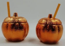 Lot Of 2 Orange Metallic Pumpkin Sipper Fall/Halloween Cups W/ Lid & Straw 15 Oz