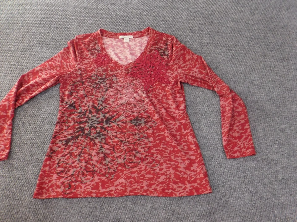Coldwater Creek Blusa Floral Mujer Top Medio Rojo Bordado Geométrico Foto 3 de 4