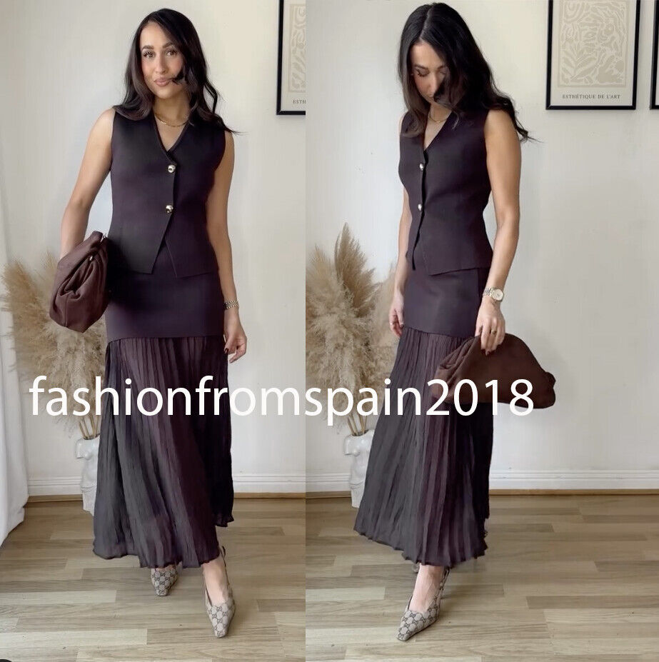 ZARA NEW WOMAN HIGH-WAIST COMBINED PLEATED KNIT SKIRT BROWN ZARA NEW WOMAN HIGH-WAIST COMBINED PLEATED KNIT SKIRT BROWN