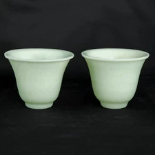 Pair Chinese Peking Glass Wine Cups Jade Color Circa 1920