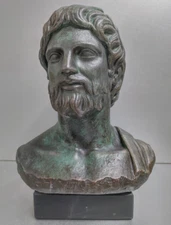 Asclepius sculpture statue on black marble base green aged color effect