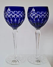 PAIR AJKA CRYSTAL CADESSIA COBALT BLUE WINE HOCK GLASSES, 8,5", MARKED