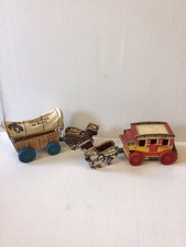 2 Vintage Old West Wooden And Heavy Cardboard Stagecoach With 2 Horses