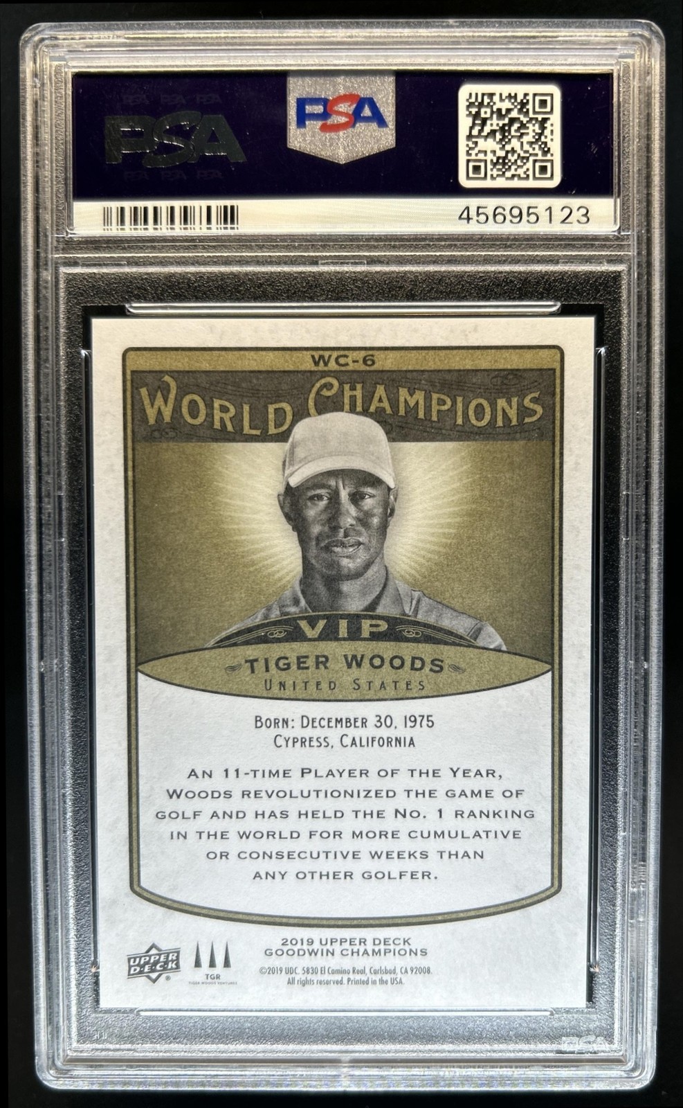 2019 Upper Deck Goodwin Champions Tiger Woods VIP Black World Champs #6 PSA 10 view 2