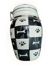 Ceramic Lg. Dog Treat Jar With Snap Lid  Checkered Black White Paw Prints/Bones