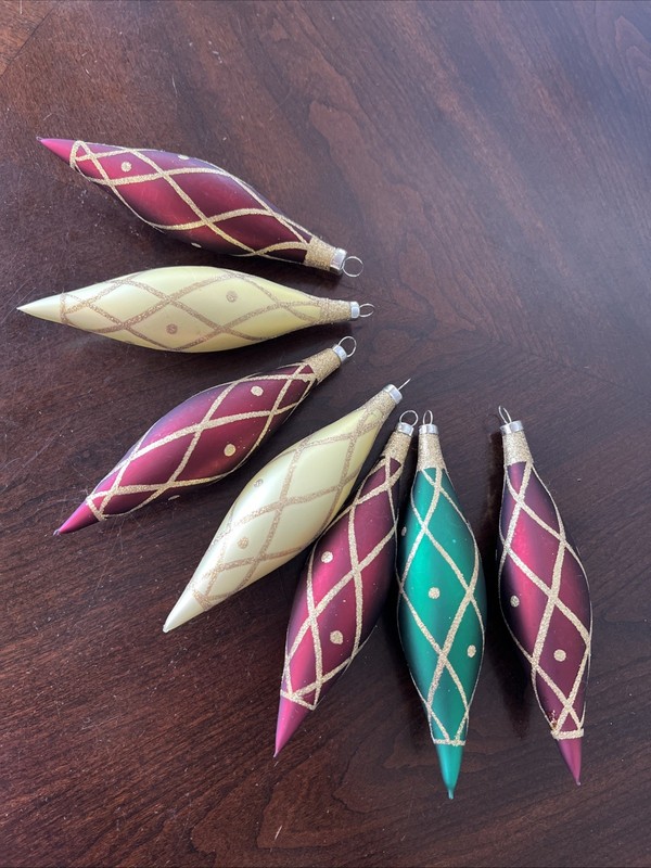 Lot Of 7 Vtg.Glass Tear Drops - Christmas Tree Yellow,Burgundy & Gold Ornaments