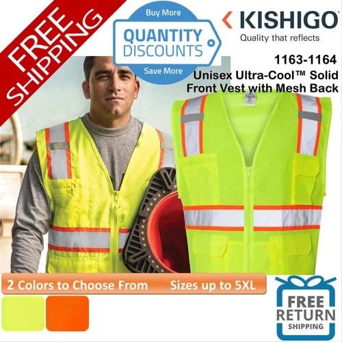 🔥 Kishigo Unisex Ultra-Cool Solid Front Vest with Mesh Back Up To 5XL 1163-1164 - product listing photo