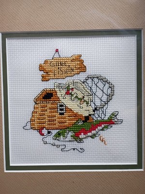 Gone Fishing Cross Stitch Metal Framed Picture Cabin Decor Art Fly Fish 