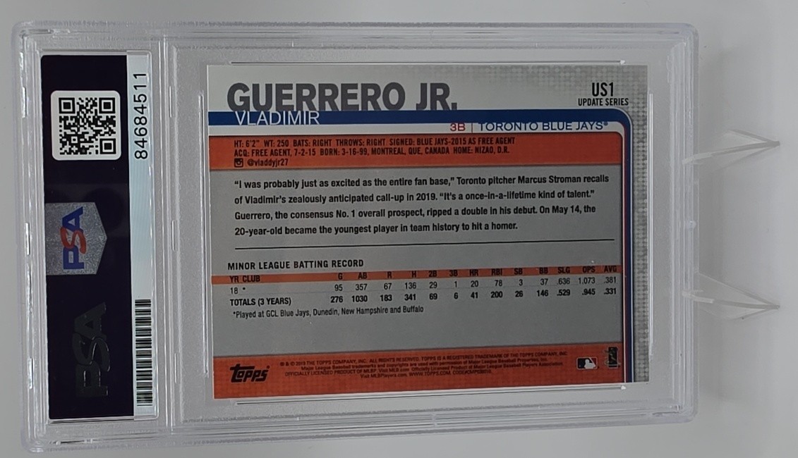 2019 Topps Vladimir Guerrero Jr. RC PSA Authentic Auto 10 Toronto Blue Jays view 2