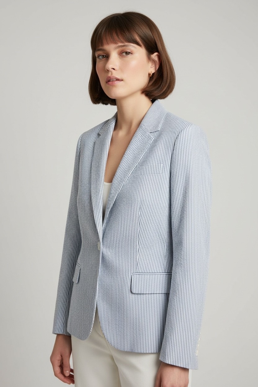 Brooks Brothers Red Fleece Blue White Stripe Seersucker Blazer Jacket Size 12